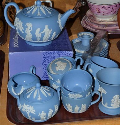 Lot 202 - A Wedgwood Jasper blue and white tea service and trinkets