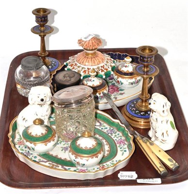 Lot 204 - Inkwells, pair of cloisonné candlesticks, New York knife and fork and a snuff box