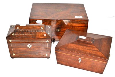 Lot 209 - A Regency rosewood jewellery box with brass stringing, a tea caddy and another box (3)