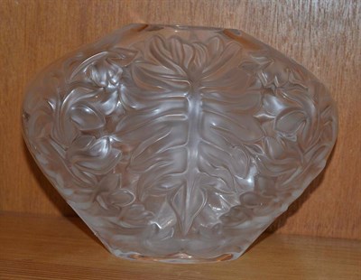 Lot 228 - A modern Lalique Pillow Leaf pattern frosted and clear glass vase, script mark, MH32 and signed...