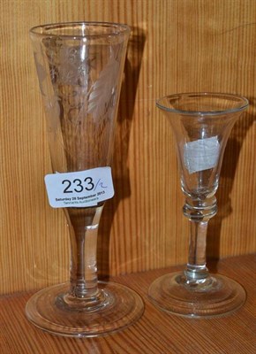 Lot 233 - An ale glass, with engraved decoration and a small wine glass with folded foot