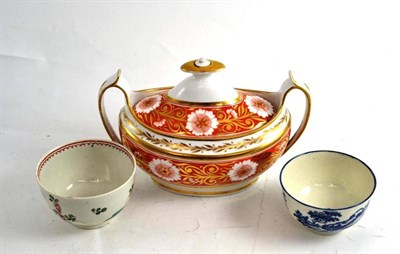 Lot 236 - A double handled iron-red and gilt sucrier and cover, a Worcester blue and white tea bowl and a...