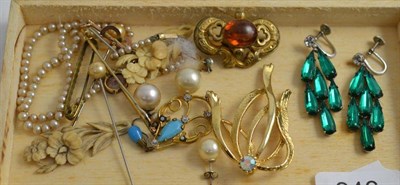 Lot 246 - Three bar brooches, three pins, pair of ivory style earrings etc (quantity)