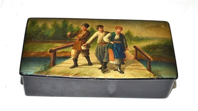 Lot 252 - A Russian papier mache box, the lid decorated with figures on a bridge