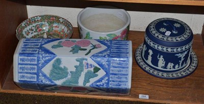 Lot 284 - Cantonese bowl, Jasper cheese stand and dome, two Chinese pots and Cantonese cover