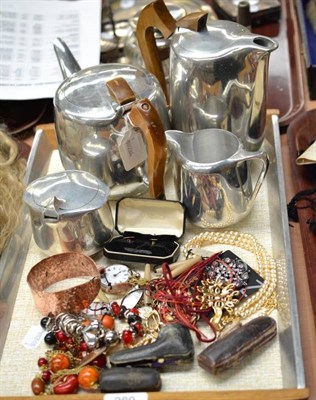 Lot 289 - Piquotware four piece tea set on tray, three small pipes case, lady's watch and a quantity of...