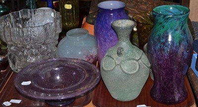 Lot 303 - Two trays of art glass including Monart style vases, a Whitefriars bubble vase etc