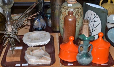 Lot 305 - A Paul Barker 'Crystal Branch' sculpture, two quartz ashtrays, and a tray of studio pottery...