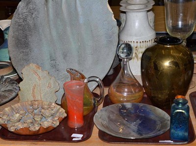 Lot 306 - Two trays including art glass and studio pottery including a Michael Rayner decanter, stoneware...