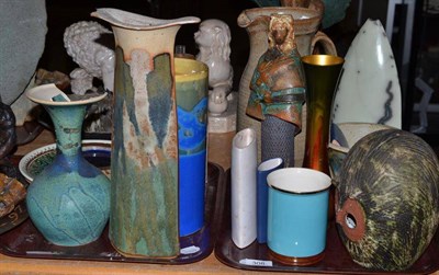 Lot 308 - Two trays of studio pottery including a terracotta owl etc