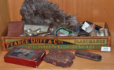 Lot 315 - Wooden box of collectables, fans etc