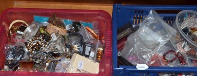 Lot 318 - A large quantity of costume jewellery in two boxes, including necklaces, brooches, rings and...