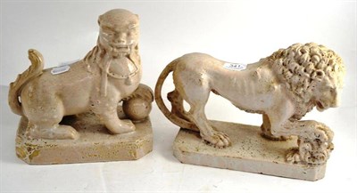 Lot 341 - A Spanish tin-glazed Medici lion (a.f.) and another of a Chinese Fo dog (a.f.) (2)