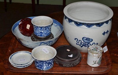 Lot 367 - Chinese blue and white jardiniere with Kangxi mark, two small flower pots with stands, a bowl,...