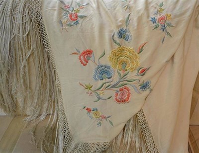 Lot 378 - Cream silk floral embroidered shawl