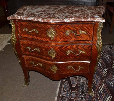 Lot 480 - A 19th century Louis XV style kingwood and tulipwood banded serpentine bombé commode,...