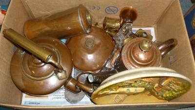 Lot 621 - A collection of assorted copper and brass including a kettle etc, a pair of Staffordshire horse and