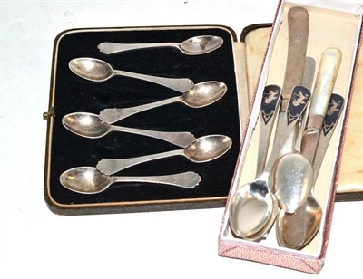 Lot 2 - Set of six silver coffee spoons in case, five Siamese niello spoons and two tea knives