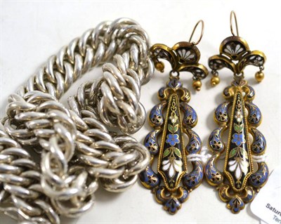 Lot 13 - Silver curb chain necklace and a pair of cloisonne enamel ear pendants
