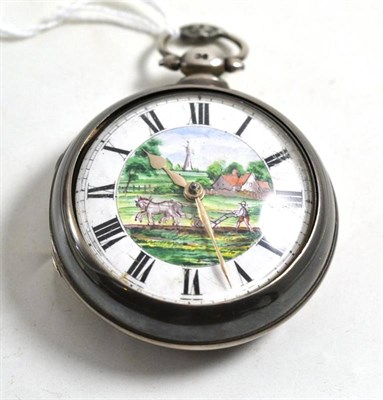 Lot 17 - A silver pair cased pocket watch, dial with ploughing scene