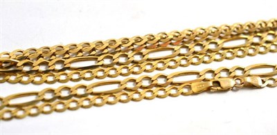 Lot 43 - Two 9ct gold curb link chains, one 9ct gold figaro link chain and two bracelets (5)