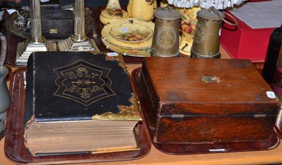 Lot 64 - Holy Bible, rosewood box, plated cutlery, small quantity of silver and two miner's lamps
