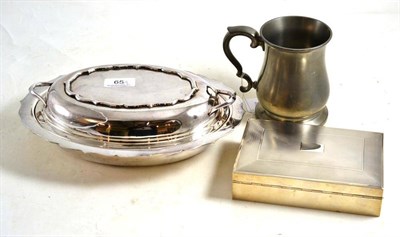 Lot 65 - A silver cigarette box, plated entree dish and pewter mug (3)