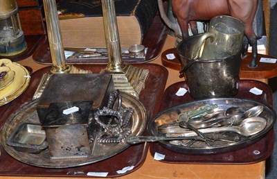 Lot 68 - Small quantity of plated items, including a pair of candlesticks, dish, ice bucket, mug,...