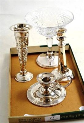 Lot 77 - Two silver candlesticks, chamberstick and bonbon dish with silver base