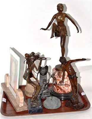 Lot 79 - Five bronze and spelter figures, a posy vase stamped 'WMF' and an Art Deco picture frame