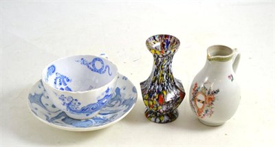 Lot 96 - A Chinese armorial sparrowbeak jug, a Worcester teacup and saucer and a glass vase