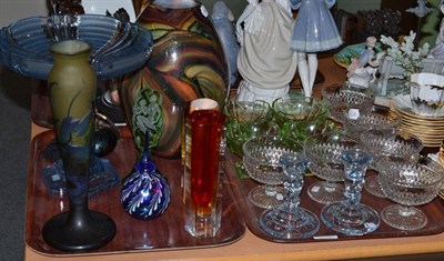 Lot 108 - Two trays of glassware including a glass vase, green perfume bottle, vase with later...