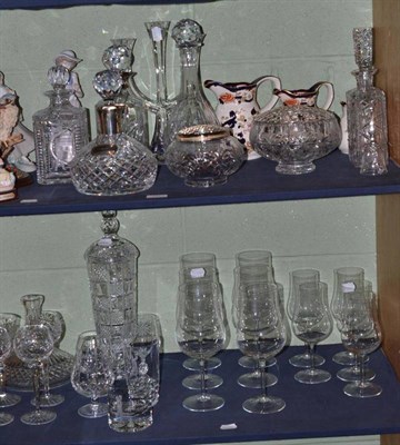Lot 111 - Waterford candle holder, cut glass decanter, glassware, two Lladro figures, Masons jugs etc
