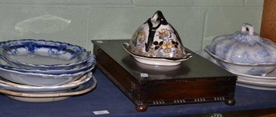 Lot 121 - Oak canteen of plated flatware, blue and white meat plates and a cheese dome and stand