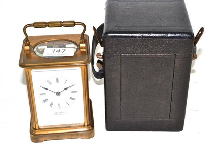 Lot 147 - A brass striking carriage clock, dial signed Geo Farrer, Tunbridge Wells, in travelling case