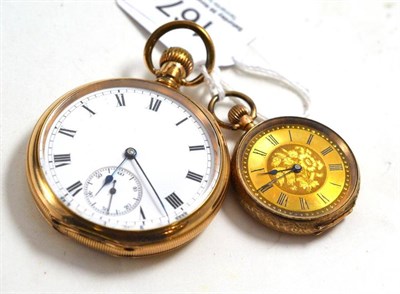 Lot 167 - A lady's fob watch stamped '14K' and a gold plated pocket watch (2)