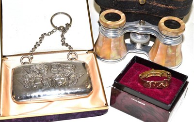 Lot 171 - A cased pair of opera glasses, silver purse and ring