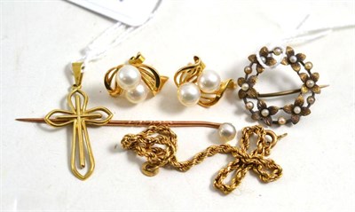 Lot 188 - A pearl set floral brooch stamped '15ct', a pearl set pin, a 9ct gold cross pendant, a 9ct gold...