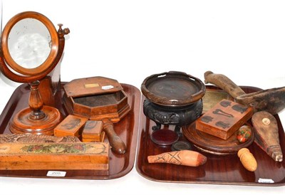 Lot 205 - Treen offertory box, mirror etc (on one tray)