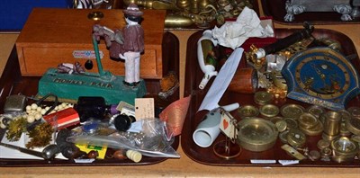 Lot 210 - Two trays of collectibles, including an unusual travelling inkwell and dip pen in the form of a...