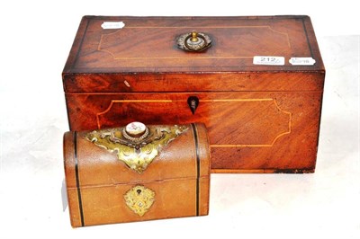 Lot 212 - Three scent bottles in damaged decorative box with key and an inlaid mahogany tea box