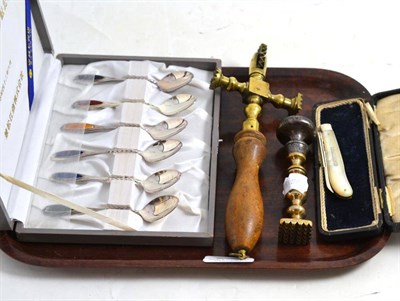 Lot 215 - Pastry moulds, silver and mother-of-pearl knife and cased spoons