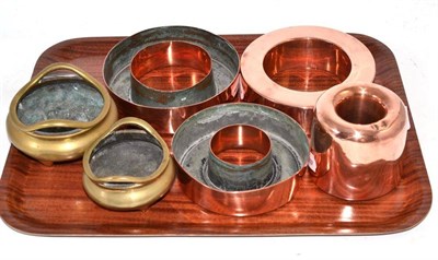 Lot 221 - Four copper jelly/food moulds and two bronze censers