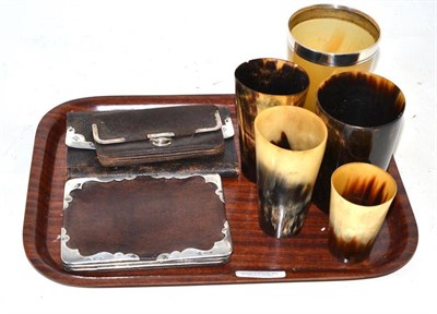 Lot 224 - Three silver mounted leather purses, one silver mounted horn beaker and four others