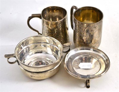 Lot 226 - Two silver christening mugs, Sheffield 1900 and Chester (worn marks), and a silver bowl on stand