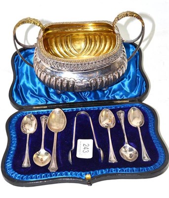 Lot 243 - Georgian silver twin handled sugar bowl with silver gilt lining (marks very worn) and a cased...