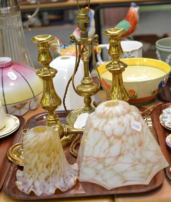 Lot 252 - Brass gimbal lamp, pair of candlesticks, hanging light fitting and shades