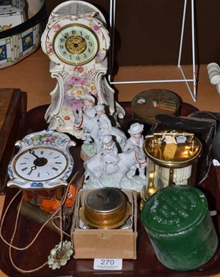 Lot 270 - A tray including two ceramic timepieces (a.f.), two Continental ceramic figural groups,...