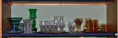 Lot 275 - Suite of etched game glasses, pair of Waterford 'Glandore' vases, suite of Stuart amber...