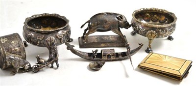 Lot 290 - A pair of Georgian salts on hoof feet (very worn), a white metal model of a boar, a model of a...